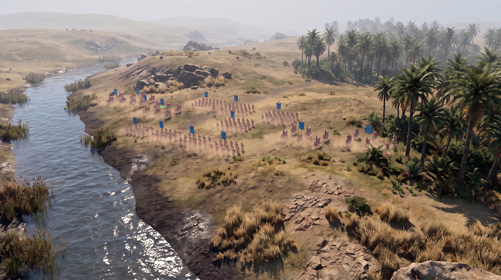 Concept art of an Epochfall battle by a river, with hills, rocks, palm groves and companies under blue banners
