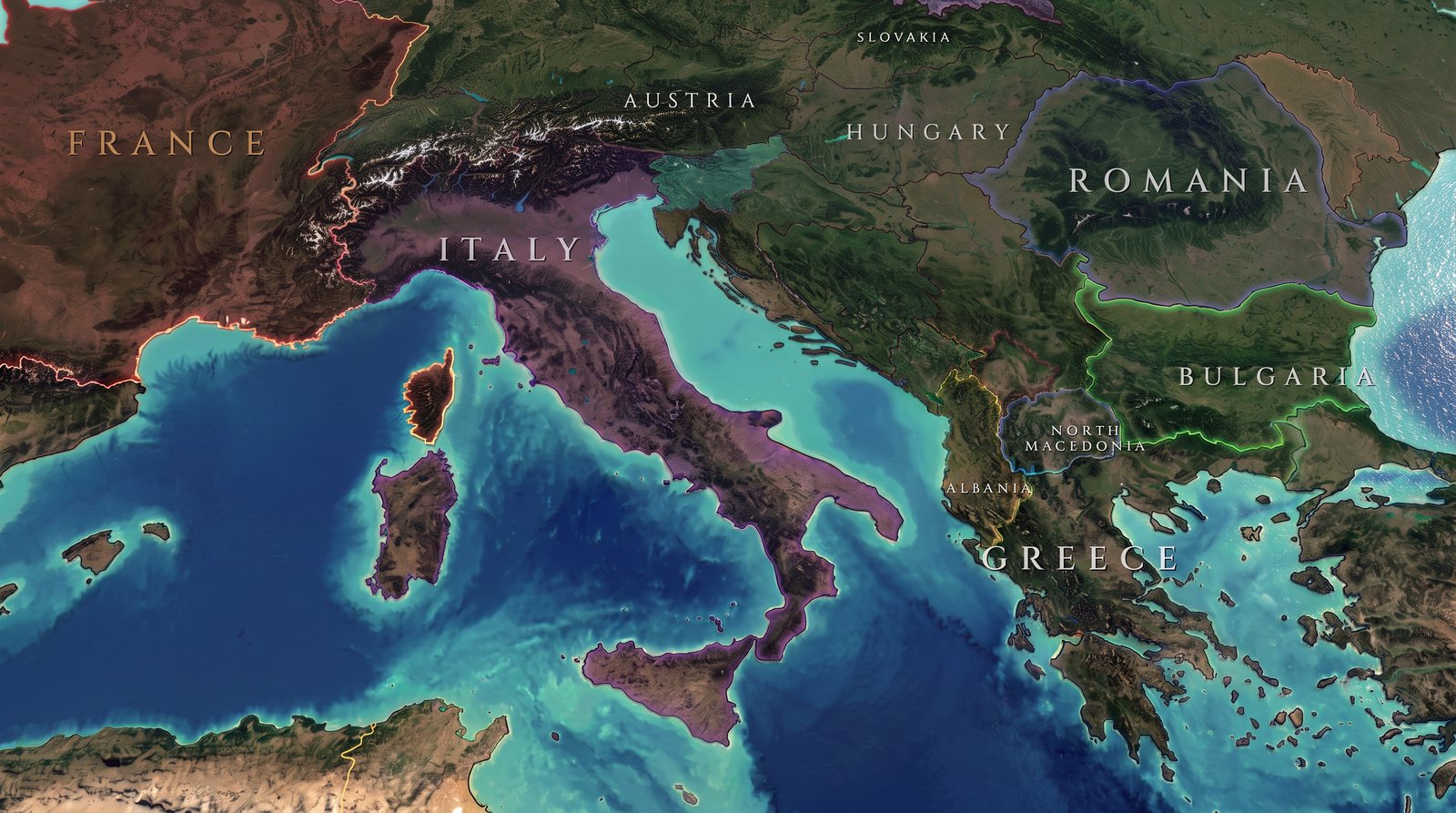 Concept art of the Epochfall world map over Italy and the Balkans, with satellite terrain, light country tints and a deep blue sea