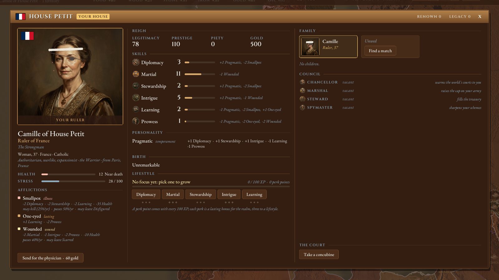 Epochfall character sheet for Camille of House Petit