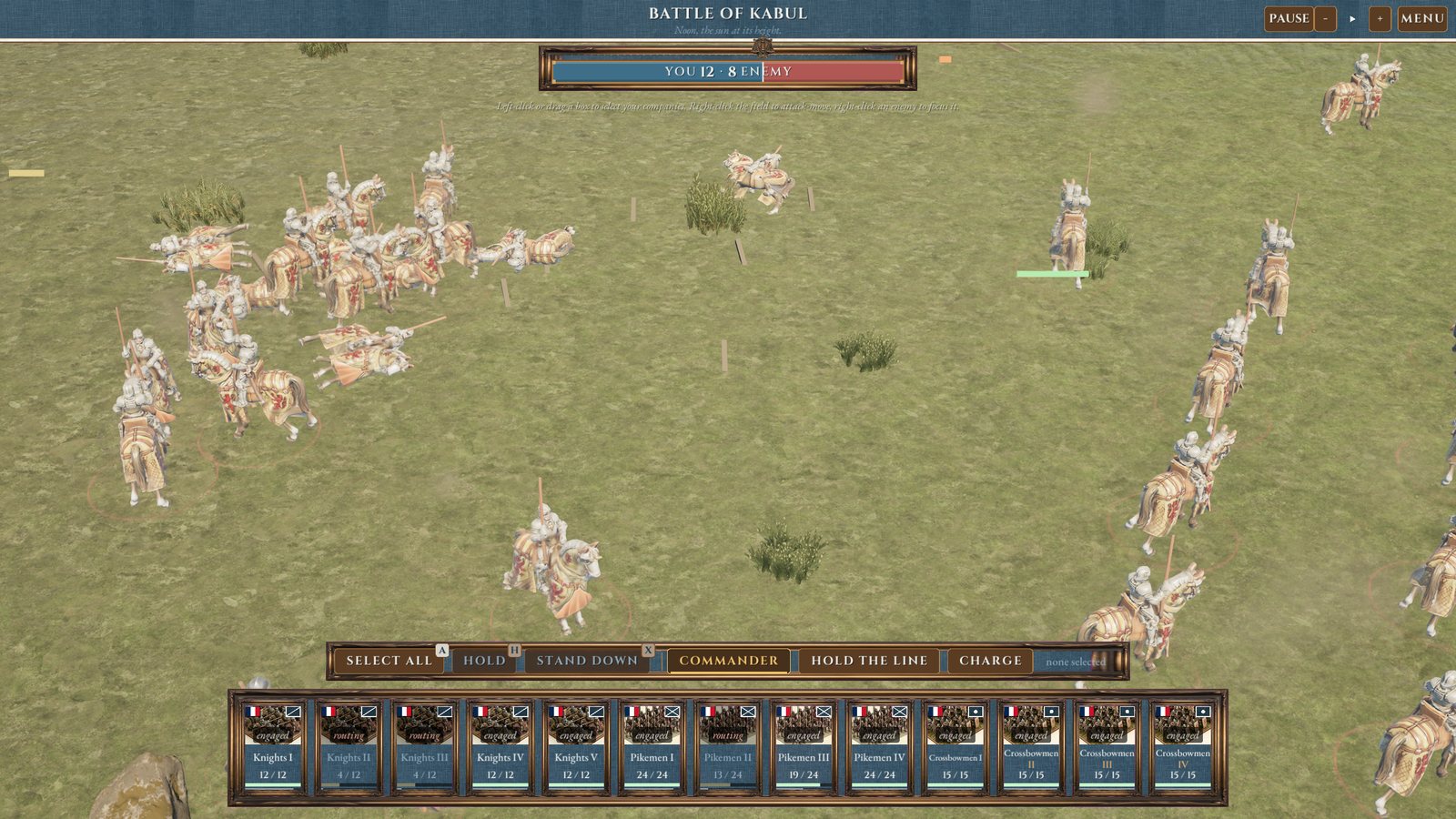 Knights charging with the battle HUD showing company cards