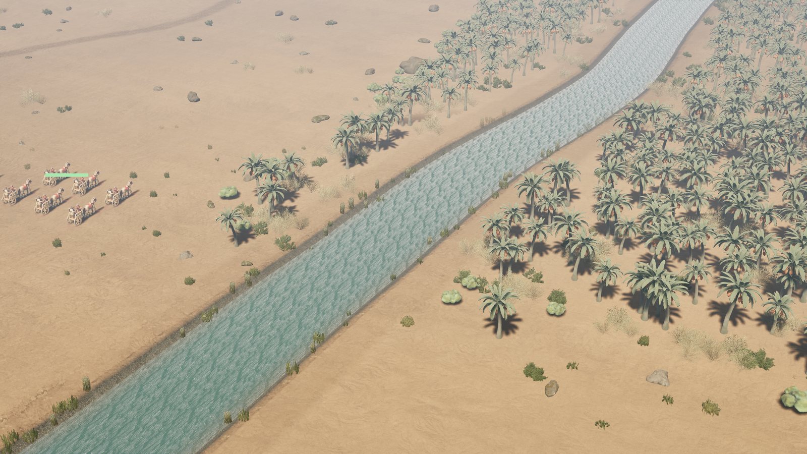 Epochfall battlefield with a river, palm groves and chariots