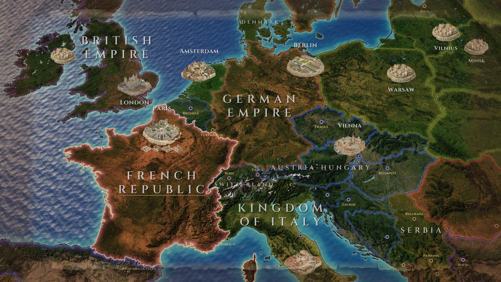 Epochfall world map of Europe in 1914 with landmark capitals, terrain and sea