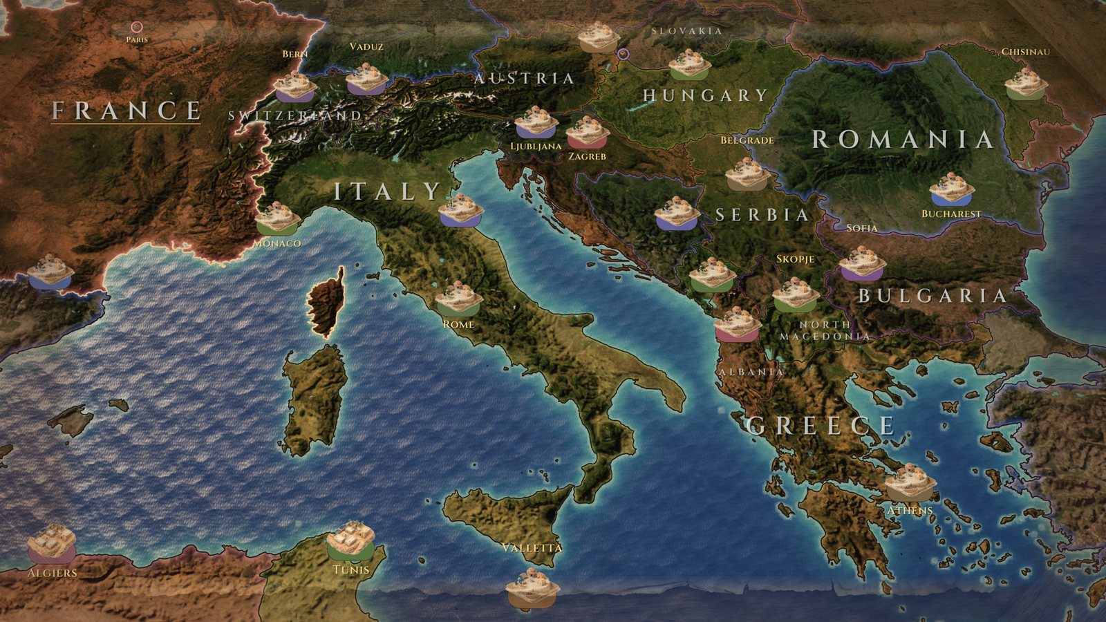 Close view of Italy and the Balkans with terrain and water